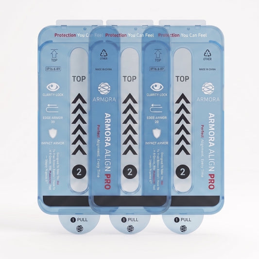 Three ARMORA 9H tempered glass screen protector packs side by side